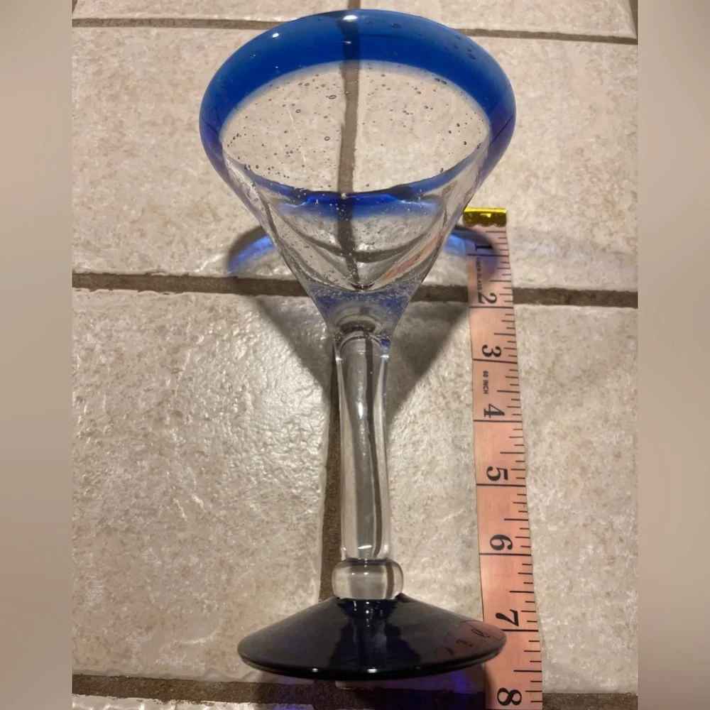 Handblown Blue Rim Martini Glass With Clear Stem & Bubble Detailing 6.25